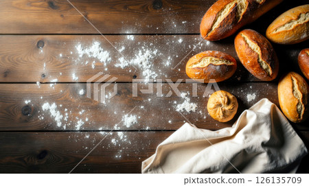 Assorted rustic bread rolls on flour-dusted wooden table 126135709