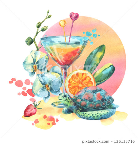 Watercolor summer composition with tropical cocktail, sea turtle, orchid flowers, citrus, leaves, and splashes on sunset background. Bright vacation illustration perfect for print, design 126135716