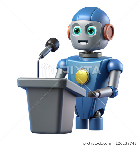 Robot speaker giving a professional talk at podium, 3d illustration of artificial intelligence Robot speaker giving a professional talk at podium, 3d illustration of artificial intelligence 126135745