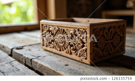 Hand-carved wooden box with floral ornamental patterns 126135759