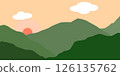 Illustration of landscape. Vector landscape. green mountain and sun on orange sky. 126135762