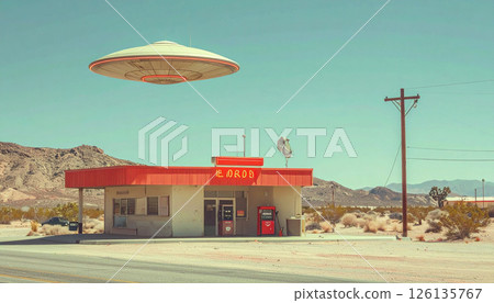 Vintage 1950s flying over a desert gas station .World UFO Day concept. Generated Image Vintage 1950s flying over a desert gas station .World UFO Day concept. Generated Image 126135767