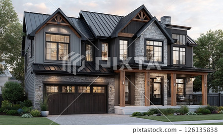 Modern house with shingle and metal roof. New residential home exterior. Contemporary architecture, construction building. Modern real estate property design, AI generated illustration 126135838