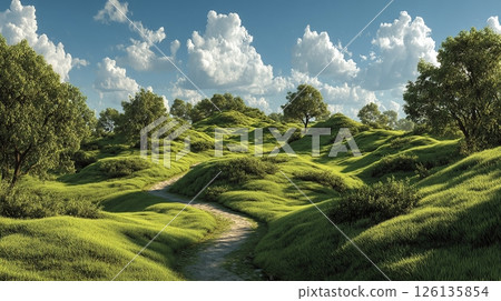 Illustration winding path in green nature scene. 3D-rendered green trees, greengrass, summer vibes. Landscape with road, environment. Ideal for travel, eco, children, nature, walking, spring, outdoor 126135854