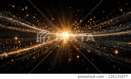 Gold spark illustration on black background. Burst of light with golden rays and glitter. Bright shine abstract design. Luxury background, energy, effect Gold spark illustration on black background. Burst of light with golden rays and glitter. Bright shine abstract design. Luxury background, energy, effect 126135877