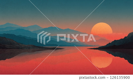 Digital illustration scenic sunset over mountain lake. Vivid colors, artistic landscape evokes serene, calm mood. Dark mountains, reflection in water, orange sun. Nature, travel, vacation concept. 126135900