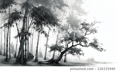 Black white ink painting shows tranquil bamboo forest scene. Japanese art aesthetic, zen mood evokes calmness. Monochrome bamboo trunks leaves contrast foggy background, spa vibes 126135940