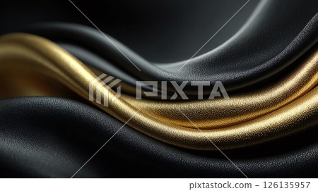 Abstract black and gold background with curves and silk fabric effect. Modern luxury design with flowing wave patterns. Suitable for website design banners posters advertising 126135957