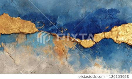 Abstract art background features blue and gold texture. Grunge, distressed, rustic, vintage, antique elements perfect for design. Ideal for adding a vintage and rustic feel Abstract art background features blue and gold texture. Grunge, distressed, rustic, vintage, antique elements perfect for design. Ideal for adding a vintage and rustic feel 126135958