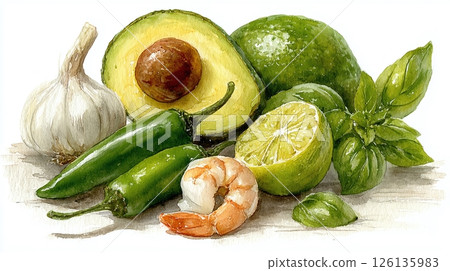 Watercolor illustration with fresh ingredients avocado, jalapeno peppers, basil leaves, shrimp, garlic. Healthy food, vegetarian snack, culinary set on white background. Food art for cookbook, menu 126135983