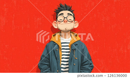 Smiling cartoon boy wearing glasses. Avatar profile picture of cheerful male character with black hair and blue jacket on red background. Smiling guy. Modern minimalistic design 126136000
