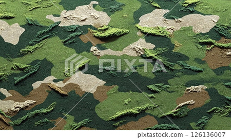 Seamless camo pattern in military colors, modern art design. Camouflage texture, army background for clothes, fabric, textile, design. Illustration for uniform, wallpaper, material, combat, hide. 126136007