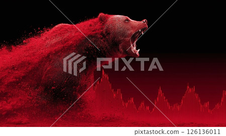 Red Wall Street bear roars against falling stock market charts. Financial crisis illustration. Bearish market, investment risks concept. Economic downturn, share price decline in finance Red Wall Street bear roars against falling stock market charts. Financial crisis illustration. Bearish market, investment risks concept. Economic downturn, share price decline in finance 126136011