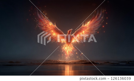 Majestic phoenix rises from flames, rebirth, transformation. Fiery bird illustration, orange wings spread, surrounded by fire, sparks on rocky ground. Fantasy creature on dark background 126136039