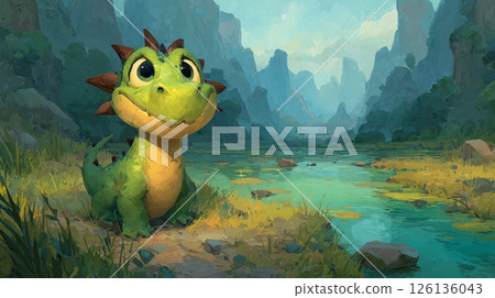 Cute baby dragon illustration on scenic natural background with lake, mountains. Cartoon character smiling. Fantasy art illustration adorable little dino for children. Fairy tale digital drawing 126136043