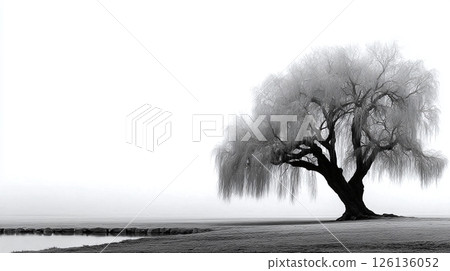 Black and white silhouette weeping willow tree. Artistic illustration for print. Nature scene. Elegant design. Great for wall art. Minimalist style. Calm serene mood 126136052