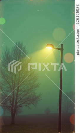 Glowing streetlight in dense fog with colorful bokeh 126136088