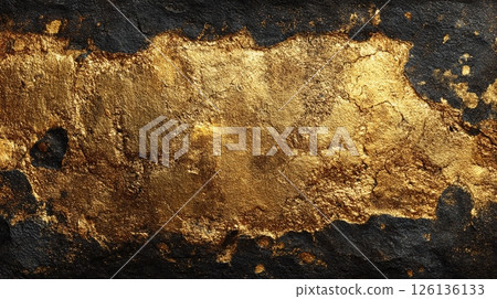 Gold grunge background texture. Shiny, metallic surface has rough old wall appearance. Antique, aged design is suitable for art, vintage paper, retro posters, invitation cards 126136133