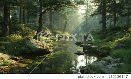 Idyllic illustration of enchanted forest, stream with rocks, trees. Sunlight filters through fog. Nature landscape, tranquil peaceful scene, inviting journey. Perfect for 3D lighting, reflection 126136147