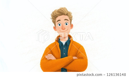Happy smiling cartoon character man with blond hair wearing orange sweater blue shirt stands confident on white background. Successful male person concept. Perfect for print materials, ads, web 126136148