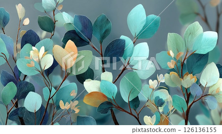 Abstract nature-inspired background featuring soft hues of green, blue. Leaves branches, fresh vibrant design creates tranquil, peaceful vibe. Modern, elegant, clean design, ideal for presentations 126136155