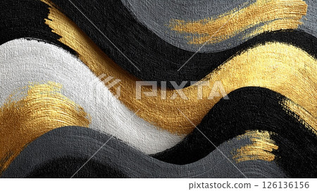 Abstract illustration with black white gold brushstrokes. Modern art wave digital design for card website. Gold wave pattern, luxury look with black and white colors. Elegant creative background 126136156