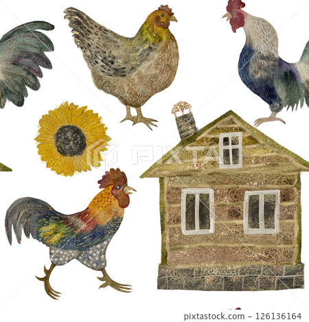Decorative colorful roosters and hens, yellow sunflowers and wooden house, rustic watercolor seamless pattern 126136164