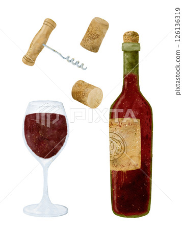 A Detailed and Artistic Illustration of a Wine Bottle and Glass, Accompanied by a Corkscrew 126136319