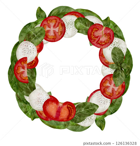 Fresh Caprese Salad Wreath with tomatoes, mozzarella, and basil, great for a vibrant meal display 126136328