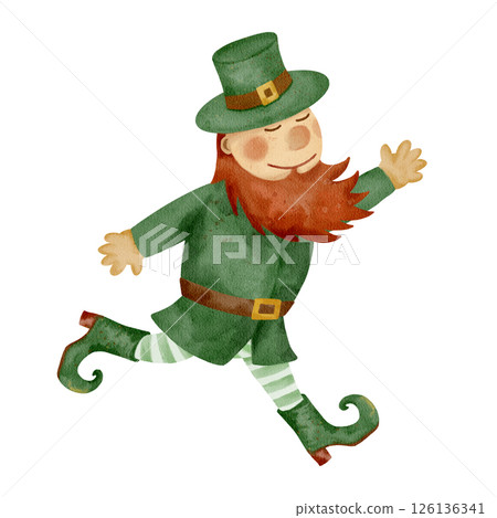A Cheerful Leprechaun Character Dressed in a Vibrant Green Outfit for Festive Celebrations 126136341