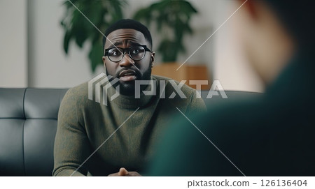 African American man in eyeglasses at an appointment with a psychologist. He delves into the problem and helps the patient solve it. Psychotherapist listens carefully to the patient’s story. 126136404
