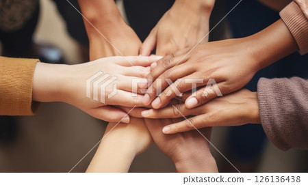 People of various nationalities join in collective hug showing unity and smiling. Diverse assembly consisting of people of all ages races and backgrounds comes for group pose hugging. People of various nationalities join in collective hug showing unity and smiling. Diverse assembly consisting of people of all ages races and backgrounds comes for group pose hugging. 126136438