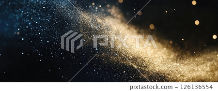 Swirling cosmic dust appears in rich blue and golden tones, creating an enchanting backdrop that evokes a sense of cosmic wonder and exploration in the vast universe. 126136554