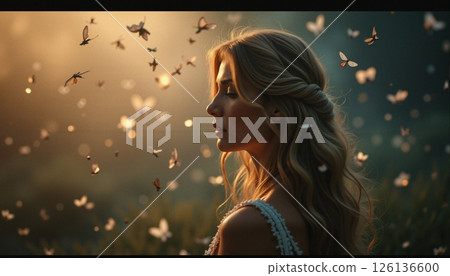 Woman Amidst Golden Butterfly Glow 126136600
