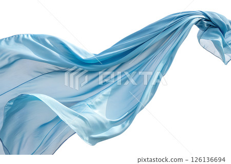 Flowing light blue silk fabric, smooth and delicate texture with elegant ripples and soft shimmering highlights 126136694