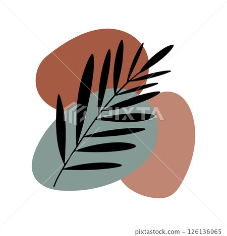 Botanical Leaf with Abstract Shape. Minimal black leaf illustration combined with soft abstract background shapes in earthy tones. Botanical Leaf with Abstract Shape. Minimal black leaf illustration combined with soft abstract background shapes in earthy tones. 126136965