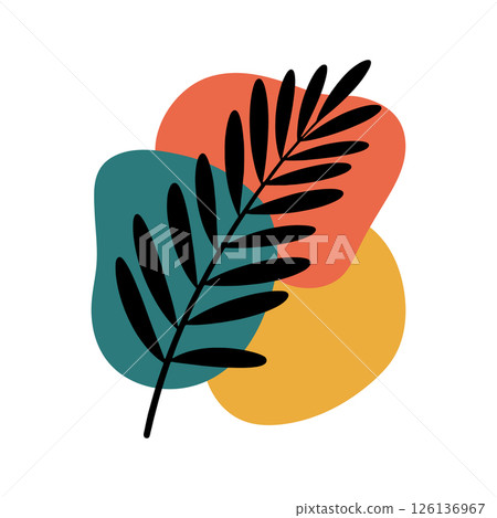 Botanical Leaf with Abstract Shape. Minimal black leaf illustration combined with soft abstract background shapes in earthy tones. Botanical Leaf with Abstract Shape. Minimal black leaf illustration combined with soft abstract background shapes in earthy tones. 126136967