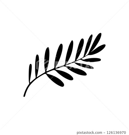 Bold Leaf Silhouette Drawing. Stylized black silhouette of a botanical leaf drawn in a strong, graphic style. 126136970