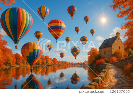 Many hot air balloons in the blue sky and the scenery reflected on the water surface 126137005