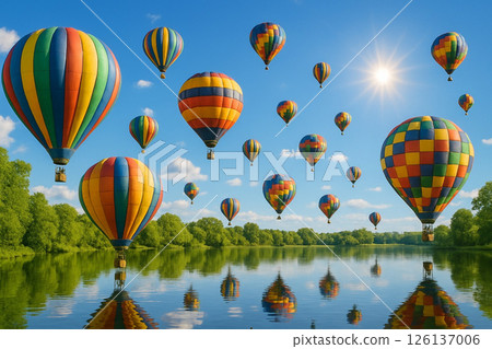 Many hot air balloons in the blue sky and the scenery reflected on the water surface 126137006