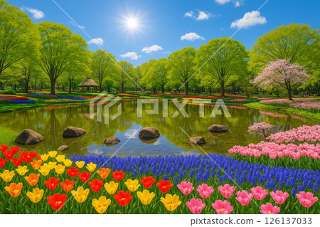 Colorful tulips and muscari in the square of Showa Memorial Park 126137033