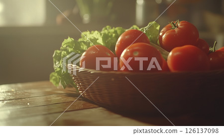 Fresh garden tomatoes and lettuce in wicker basket on wooden table with sunlight 126137098