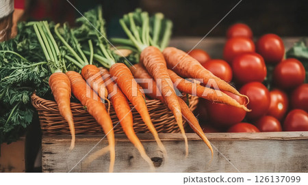 Fresh harvest of organic carrots and tomatoes in rustic basket display for farm-to-table concept 126137099