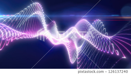 Beautiful pink and purple glowing waveforms against a dark background, representing light, sound, and data movement 126137240