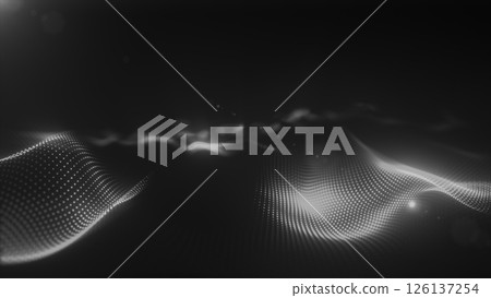 Abstract monochrome background with white digital particles flowing dynamically, futuristic technology concept 126137254