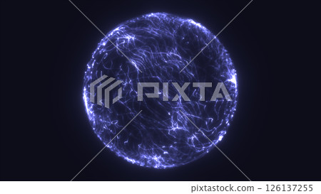Glowing electric blue sphere composed of intricate flowing light threads against a dark backdrop 126137255