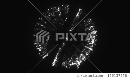 Bright white glowing sphere made of shimmering light threads, radiating against a black background 126137256