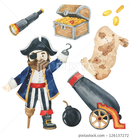 Pirate, treasure chest, canon old map and bomb watercolor illustrations set. Hand drawn clipart for kids design. Pirate, treasure chest, canon old map and bomb watercolor illustrations set. Hand drawn clipart for kids design. 126137272