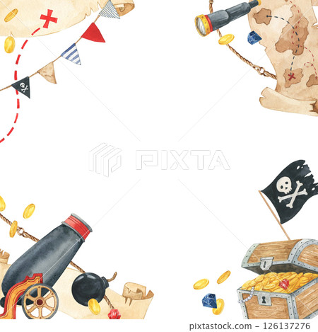 Pirate travel watercolor frame. Canon, treasure chest, map illustration for party and birthday 126137276