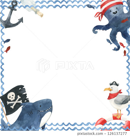Pirate shark and octopus watercolor card. Shark, seagull, anchor and octopus hand drawn illustrations Pirate shark and octopus watercolor card. Shark, seagull, anchor and octopus hand drawn illustrations 126137277